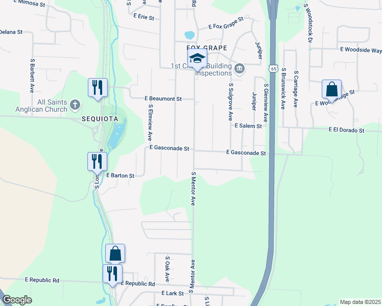 map of restaurants, bars, coffee shops, grocery stores, and more near 3646 S Mentor Ave in Springfield