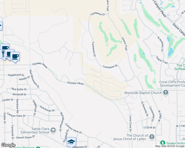 map of restaurants, bars, coffee shops, grocery stores, and more near Pioneer Parkway in Santa Clara