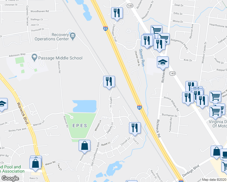 map of restaurants, bars, coffee shops, grocery stores, and more near 357 Deputy Lane in Newport News