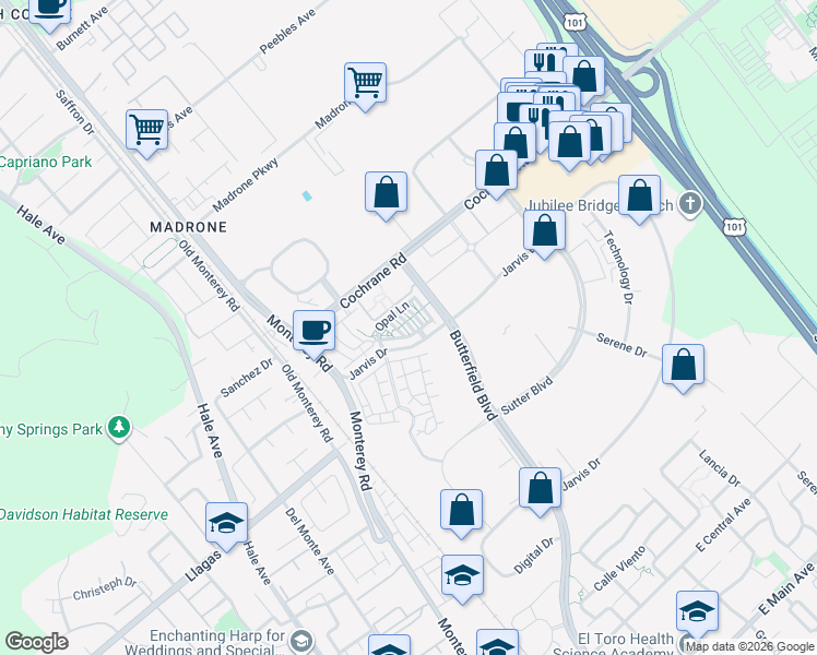 map of restaurants, bars, coffee shops, grocery stores, and more near 18436 Jade Lane in Morgan Hill