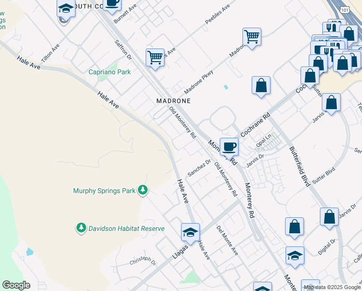 map of restaurants, bars, coffee shops, grocery stores, and more near 18755 Old Monterey Road in Morgan Hill