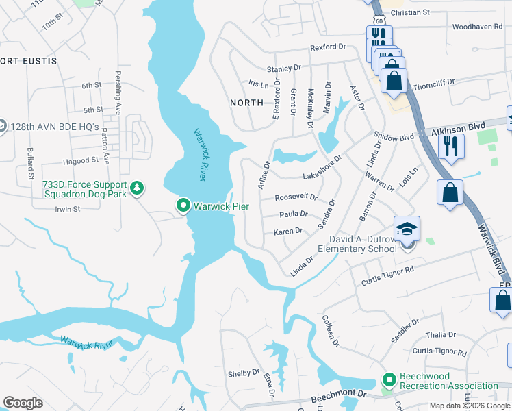 map of restaurants, bars, coffee shops, grocery stores, and more near 21 Arline Drive in Newport News