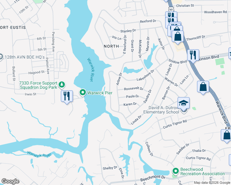 map of restaurants, bars, coffee shops, grocery stores, and more near 21 Arline Drive in Newport News