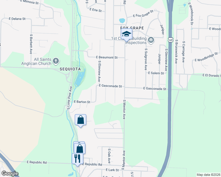 map of restaurants, bars, coffee shops, grocery stores, and more near 3640 South Oak Avenue in Springfield