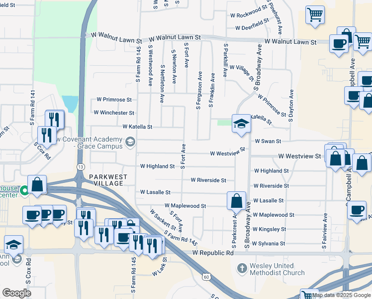 map of restaurants, bars, coffee shops, grocery stores, and more near 1309 West Swan Street in Springfield