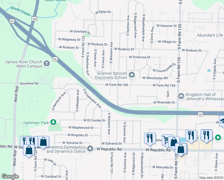 map of restaurants, bars, coffee shops, grocery stores, and more near 3820 South Western Court in Springfield