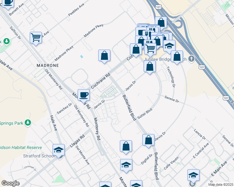 map of restaurants, bars, coffee shops, grocery stores, and more near 263 Jarvis Drive in Morgan Hill