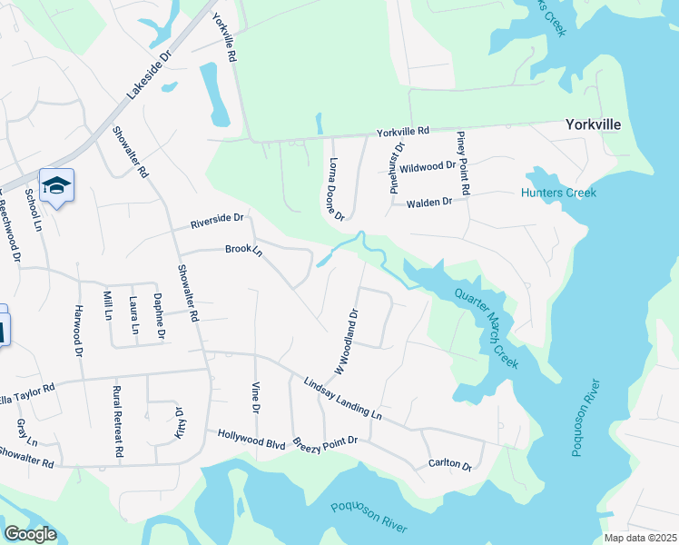 map of restaurants, bars, coffee shops, grocery stores, and more near 114 Marine Circle in Yorktown