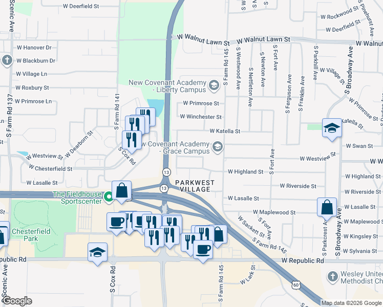 map of restaurants, bars, coffee shops, grocery stores, and more near 1731 West Westview Street in Springfield