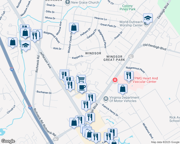 map of restaurants, bars, coffee shops, grocery stores, and more near 1325 Ventura Way in Newport News