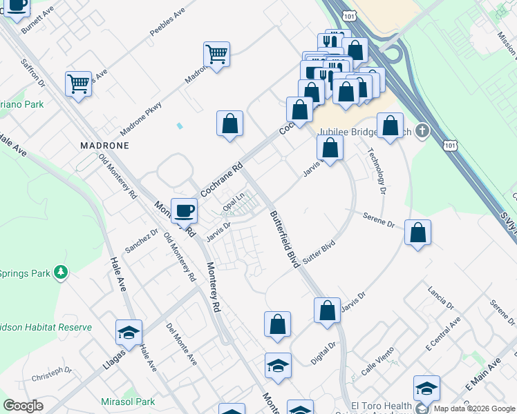map of restaurants, bars, coffee shops, grocery stores, and more near 267 Jarvis Drive in Morgan Hill