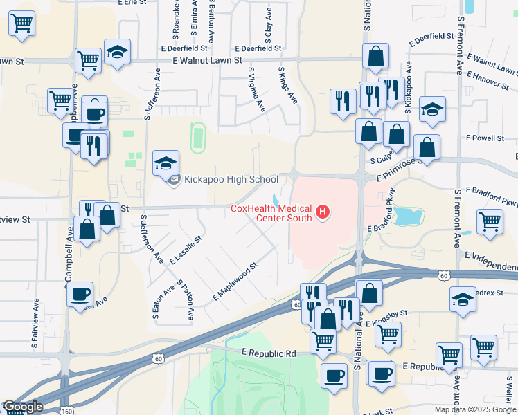 map of restaurants, bars, coffee shops, grocery stores, and more near 757-959 East Primrose Street in Springfield