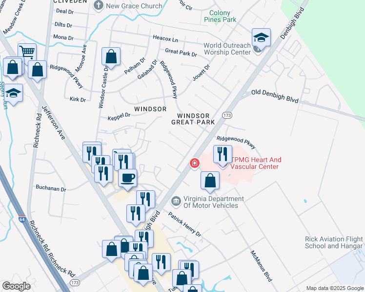 map of restaurants, bars, coffee shops, grocery stores, and more near 11 Cornwallis Place in Newport News
