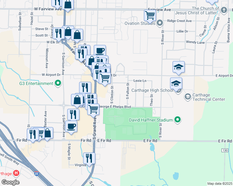 map of restaurants, bars, coffee shops, grocery stores, and more near 2510 Clinton Street in Carthage