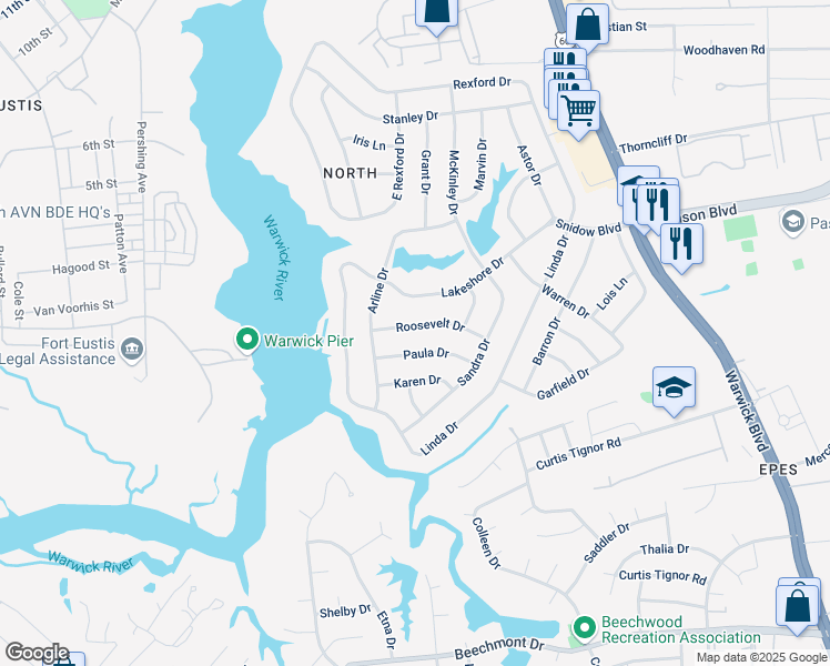 map of restaurants, bars, coffee shops, grocery stores, and more near 15 Roosevelt Drive in Newport News