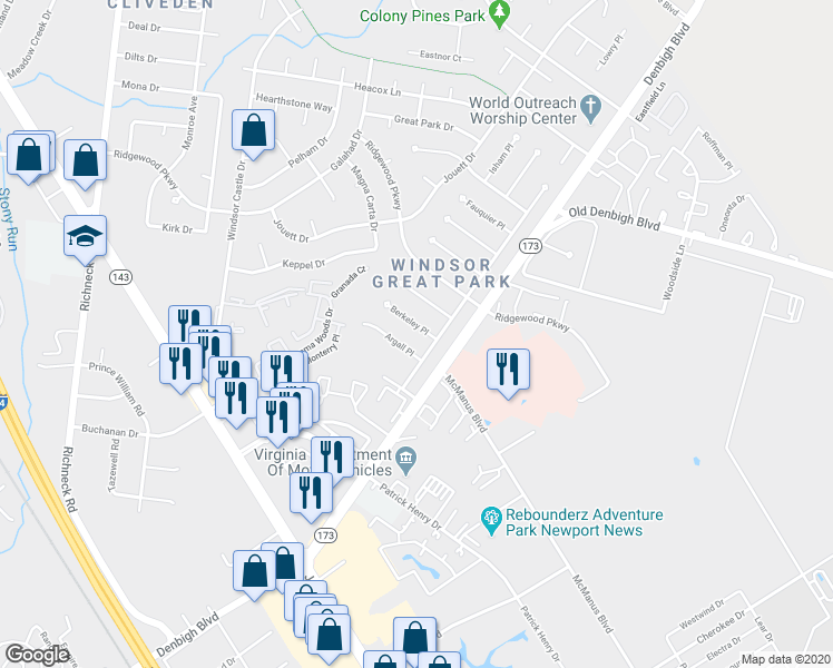 map of restaurants, bars, coffee shops, grocery stores, and more near 11 Cornwallis Place in Newport News
