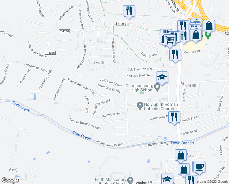 map of restaurants, bars, coffee shops, grocery stores, and more near 350 Silver Leaf Drive Northwest in Christiansburg