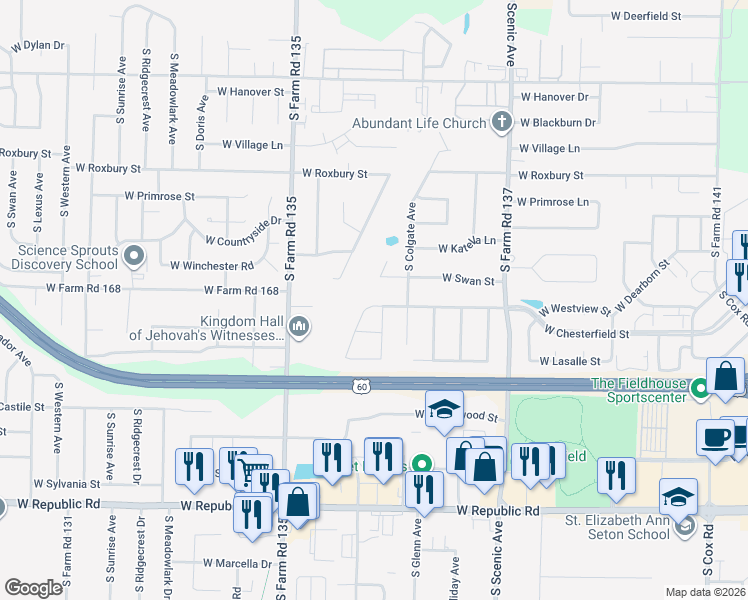 map of restaurants, bars, coffee shops, grocery stores, and more near 2947 West Westview Street in Springfield