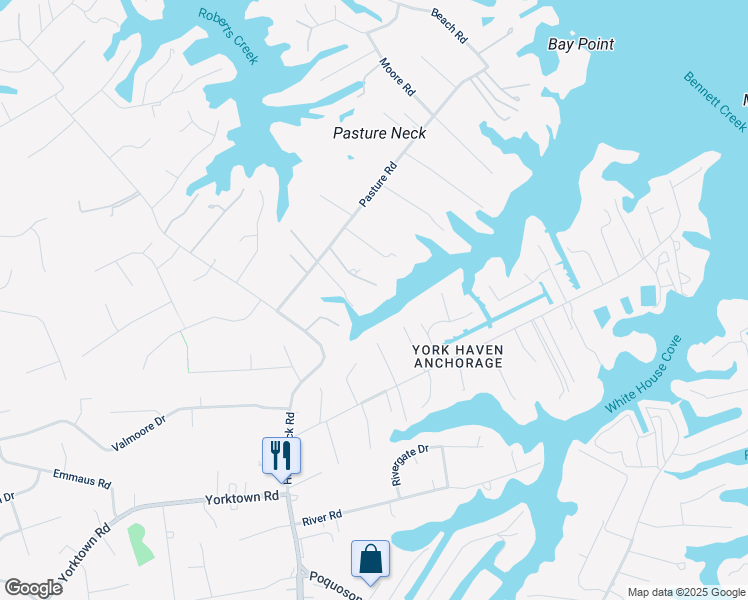 map of restaurants, bars, coffee shops, grocery stores, and more near 42 Pasture Road in Poquoson