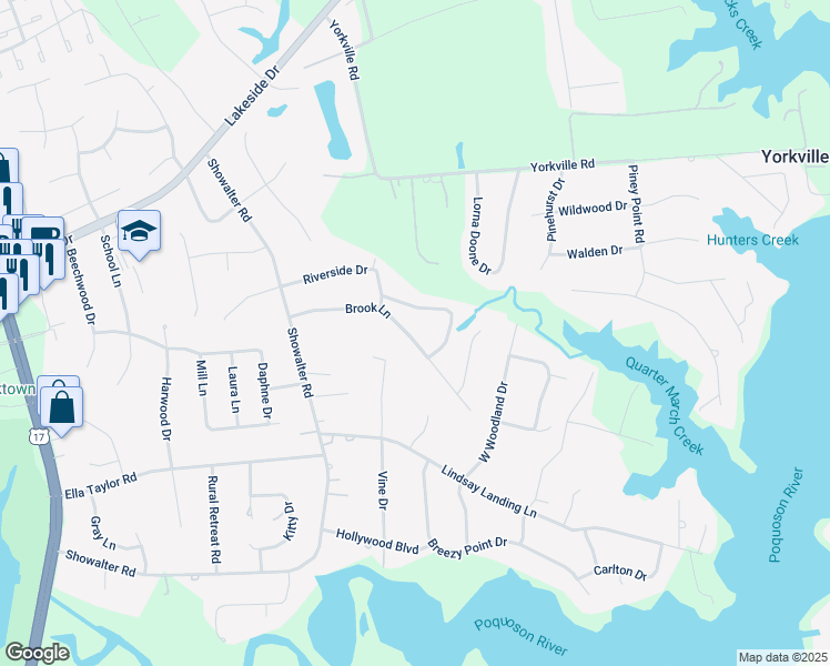 map of restaurants, bars, coffee shops, grocery stores, and more near 207 Brook Lane in Yorktown