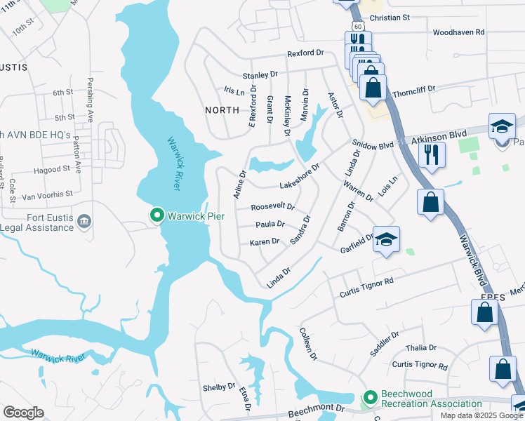 map of restaurants, bars, coffee shops, grocery stores, and more near 15 Roosevelt Drive in Newport News