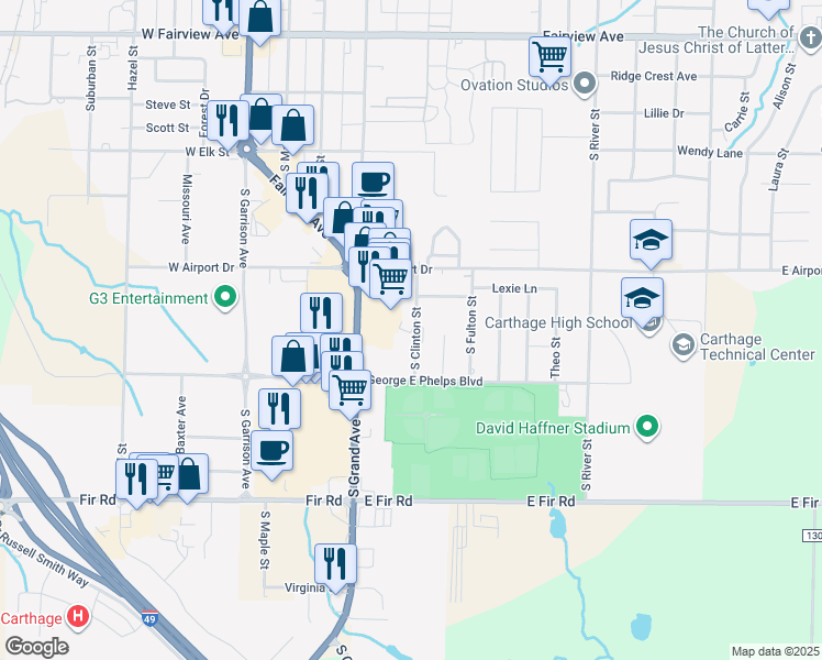 map of restaurants, bars, coffee shops, grocery stores, and more near 2501 Clinton Street in Carthage