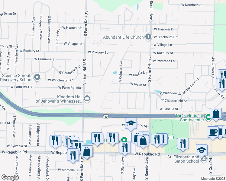 map of restaurants, bars, coffee shops, grocery stores, and more near 2923 West Westview Street in Springfield