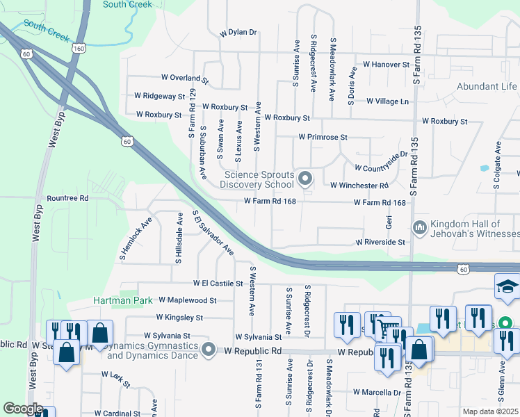 map of restaurants, bars, coffee shops, grocery stores, and more near 3812 South Western Court in Springfield
