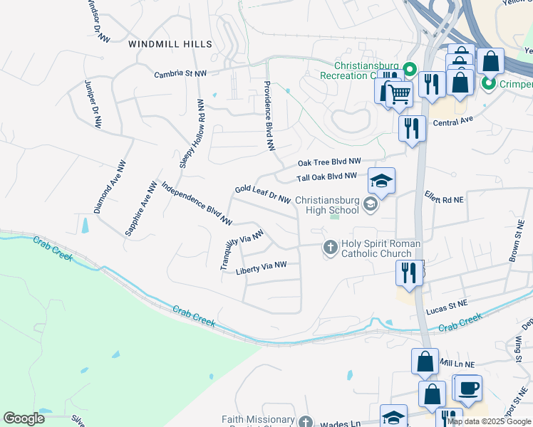 map of restaurants, bars, coffee shops, grocery stores, and more near 380 Silver Leaf Drive Northwest in Christiansburg