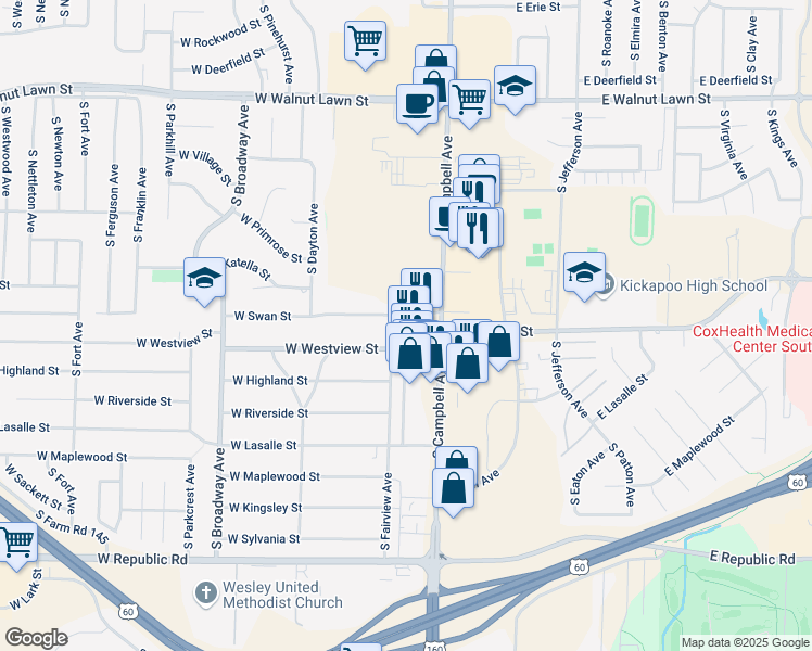 map of restaurants, bars, coffee shops, grocery stores, and more near 509 West Swan Street in Springfield