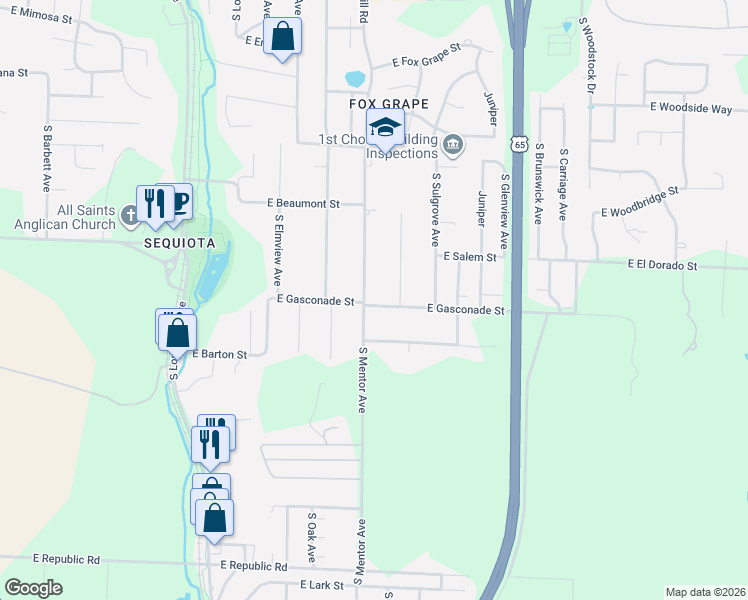 map of restaurants, bars, coffee shops, grocery stores, and more near 3646 S Mentor Ave in Springfield