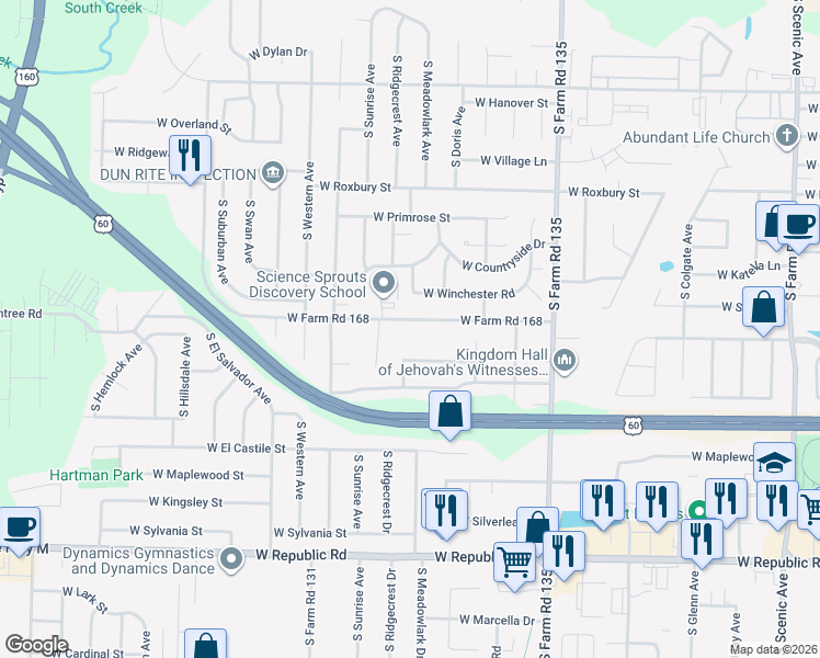 map of restaurants, bars, coffee shops, grocery stores, and more near 3343-3393 W Farm Road 168 in Springfield