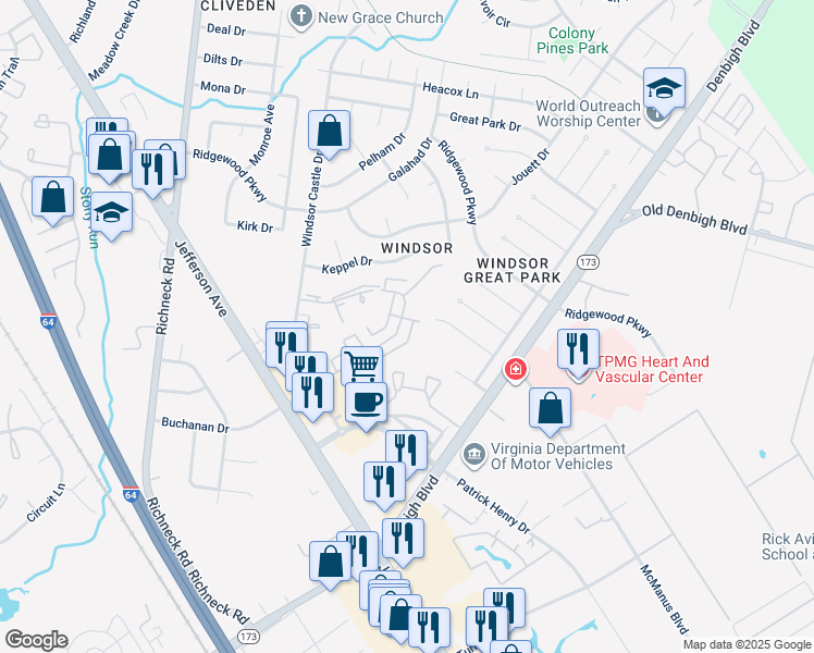 map of restaurants, bars, coffee shops, grocery stores, and more near 1325 Ventura Way in Newport News