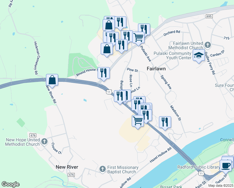 map of restaurants, bars, coffee shops, grocery stores, and more near 7367 Lee Highway in Fairlawn