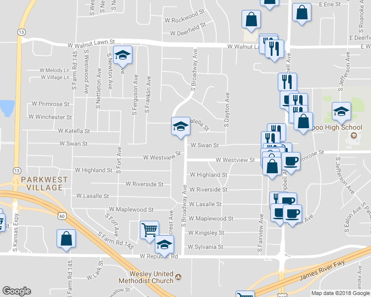 map of restaurants, bars, coffee shops, grocery stores, and more near 3799 South Broadway Avenue in Springfield