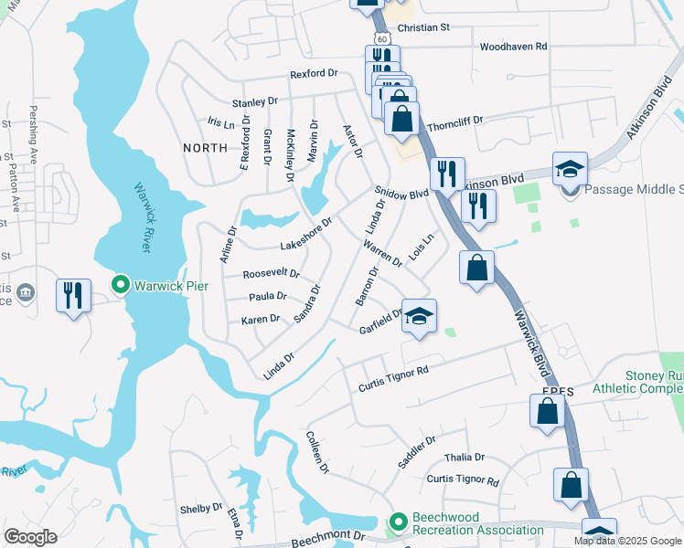 map of restaurants, bars, coffee shops, grocery stores, and more near 26 Linda Drive in Newport News