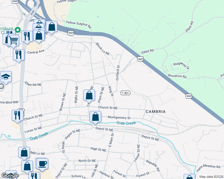 map of restaurants, bars, coffee shops, grocery stores, and more near 1235 Orchard Street in Christiansburg
