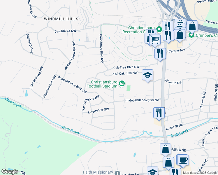 map of restaurants, bars, coffee shops, grocery stores, and more near 275 Silver Leaf Drive in Christiansburg