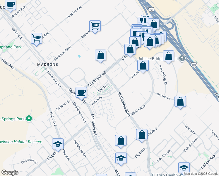 map of restaurants, bars, coffee shops, grocery stores, and more near 18424 Jade Lane in Morgan Hill
