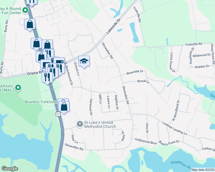 map of restaurants, bars, coffee shops, grocery stores, and more near 118 Larkin Run in Yorktown