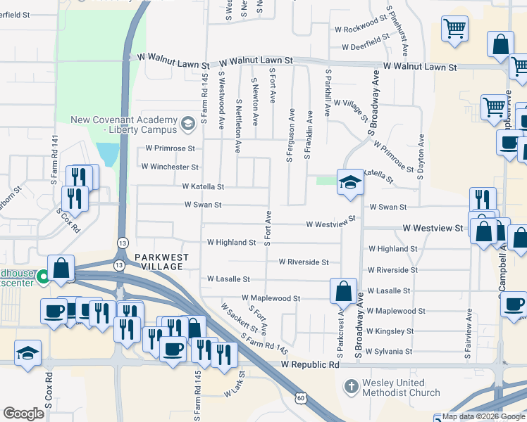 map of restaurants, bars, coffee shops, grocery stores, and more near 1309 West Swan Street in Springfield