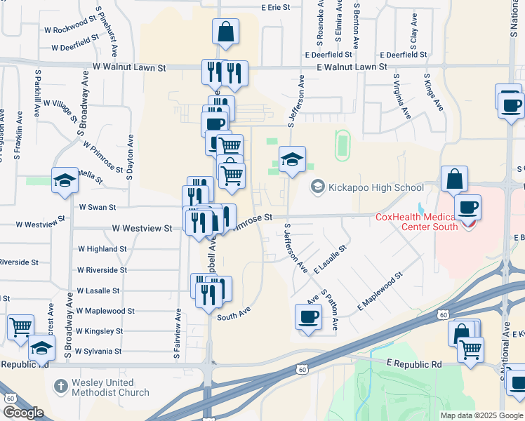 map of restaurants, bars, coffee shops, grocery stores, and more near 225 East Primrose Street in Springfield