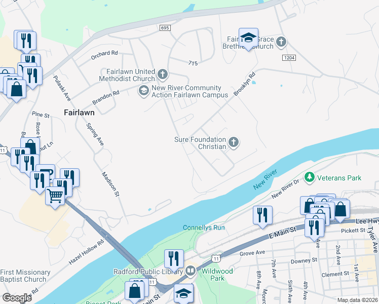 map of restaurants, bars, coffee shops, grocery stores, and more near 6076 Dudley Ferry Road in Radford