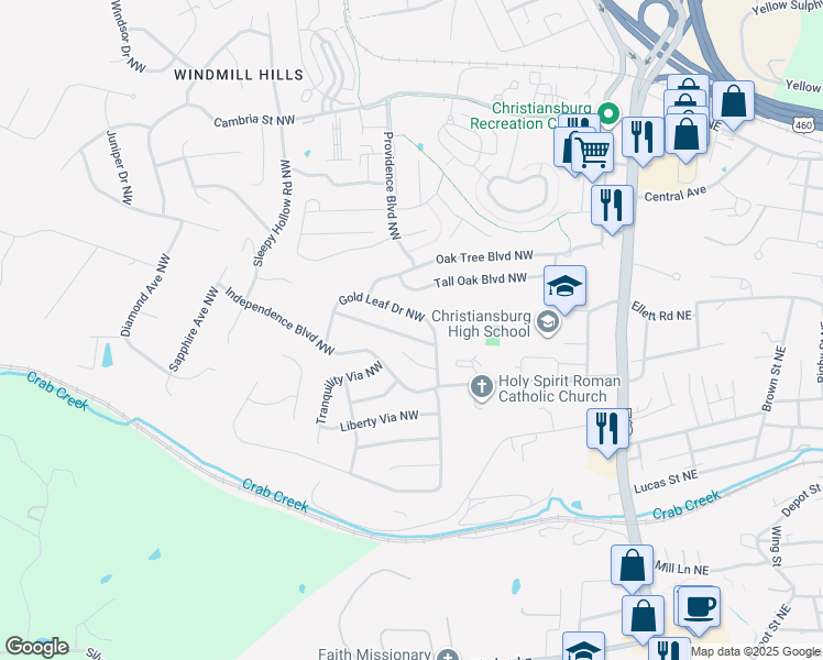 map of restaurants, bars, coffee shops, grocery stores, and more near 375 Silver Leaf Drive Northwest in Christiansburg