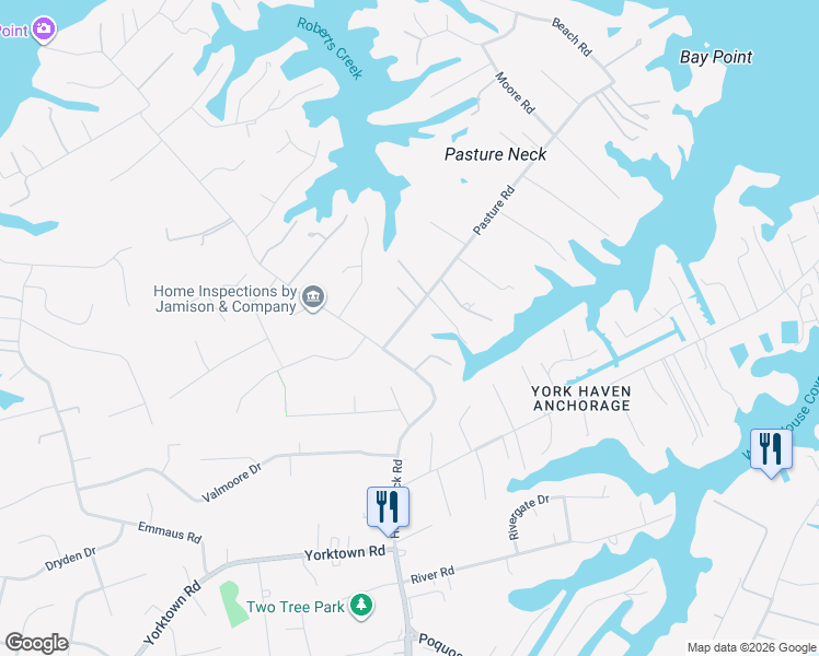 map of restaurants, bars, coffee shops, grocery stores, and more near 23 Pasture Road in Poquoson