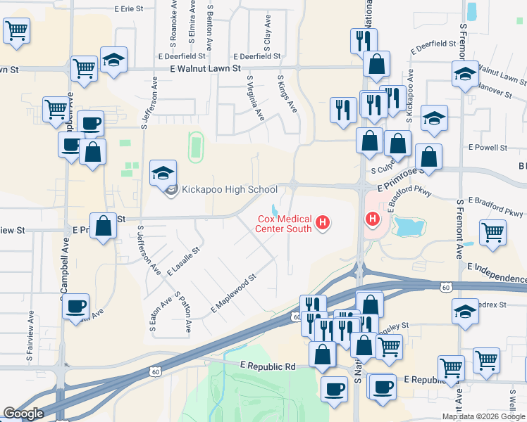 map of restaurants, bars, coffee shops, grocery stores, and more near 830 East Primrose Street in Springfield