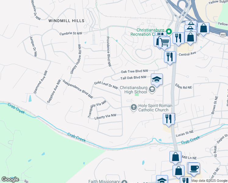 map of restaurants, bars, coffee shops, grocery stores, and more near 375 Silver Leaf Drive Northwest in Christiansburg