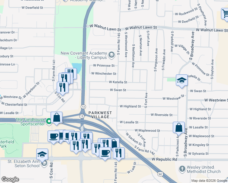 map of restaurants, bars, coffee shops, grocery stores, and more near 1614 West Swan Street in Springfield