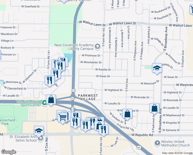 map of restaurants, bars, coffee shops, grocery stores, and more near 1614 West Swan Street in Springfield