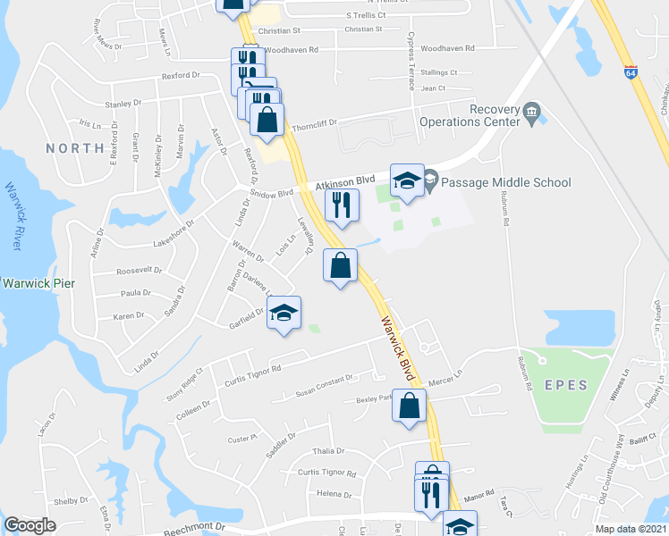 map of restaurants, bars, coffee shops, grocery stores, and more near 15315 Warwick Boulevard in Newport News